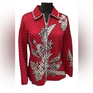 Chico’s Asian inspired diamond quilt red white zip up jacket ladies size 1 (S/M)